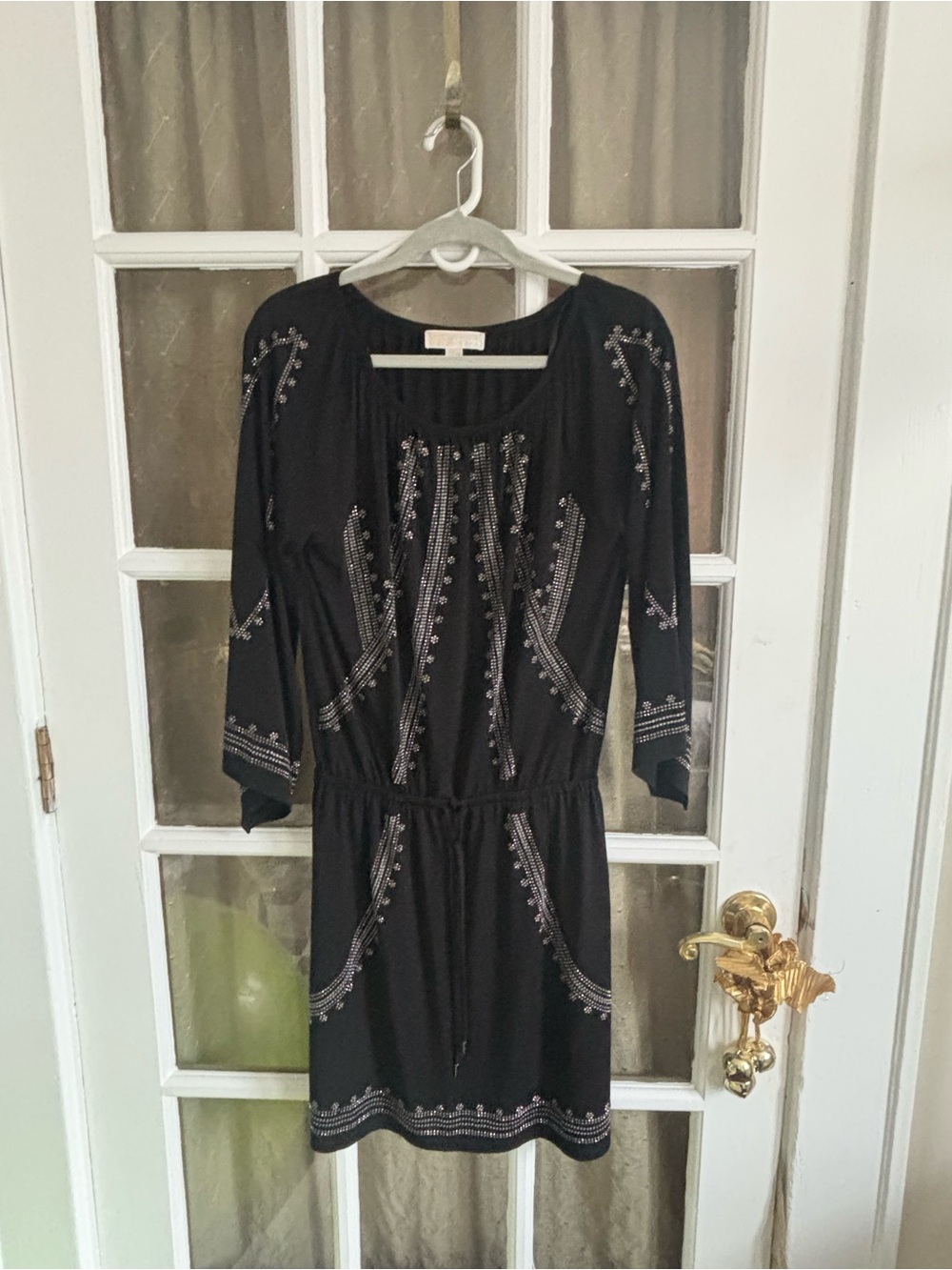 Michael Kors Black Embroidered Tie-Waist Long Sleeve Dress